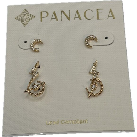 Panacea 14K Gold-Plated Moon-Bolt Arrow Heart Pave Accent 3 Pc Stud Earring Set - Picture 2 of 3